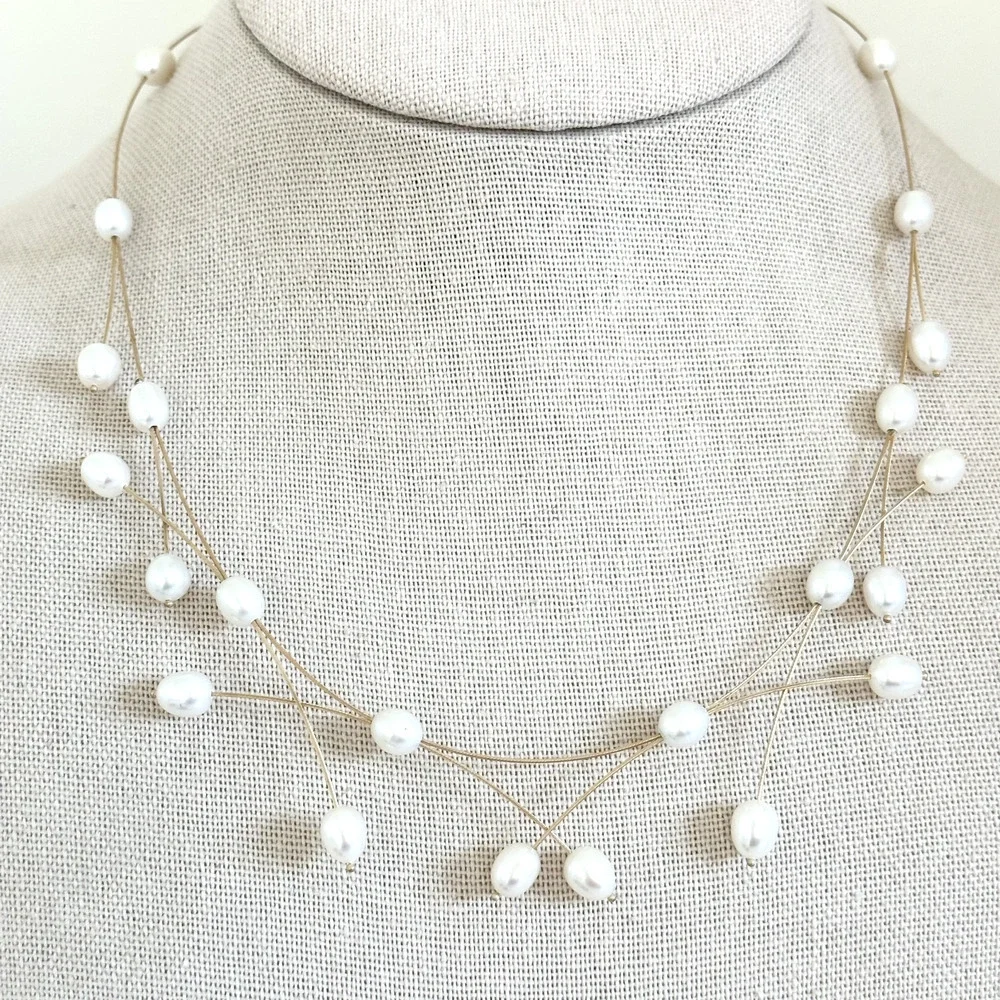 ZRW Israel Designer 14K Solid Yellow Gold Criss Cross Wire Pearl Necklace 17